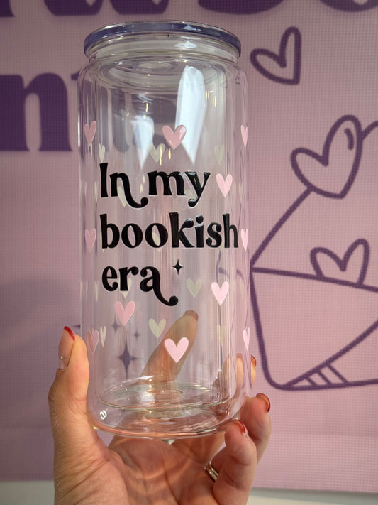 In My Bookish Era Glass Can Cup with Straw – Aesthetic Pink Heart Design