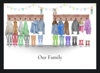 Personalised Family Members Wellington Boots Print - Unframed Wall Art Decor