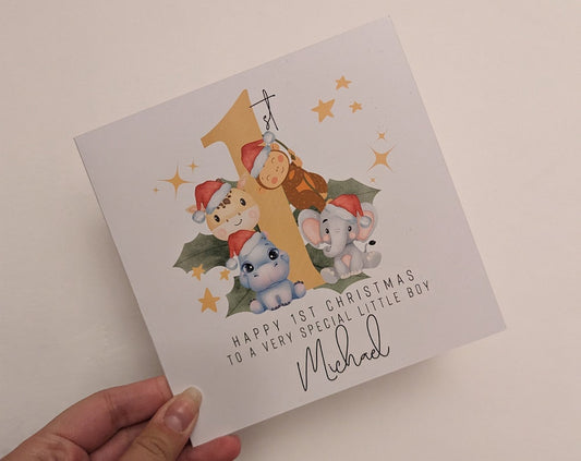 Cute Personalised 1st Christmas Card - Animals Design