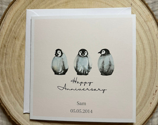 Personalised penguin anniversary card for her or for him